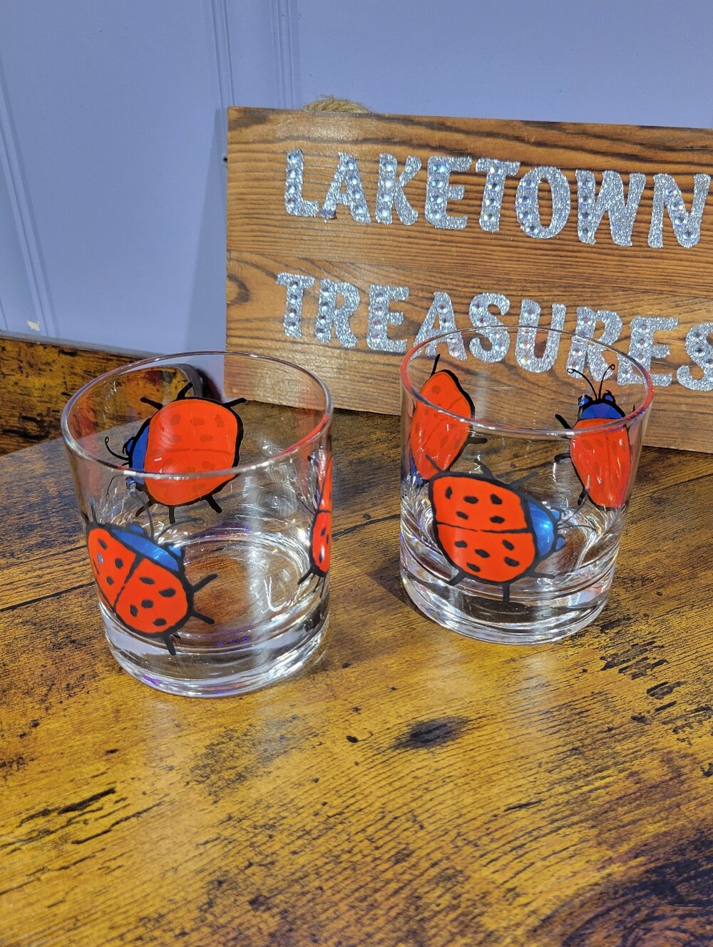 Clear Glass Tumbler lot of 2 with Red Ladybug Design